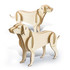 Two wooden dog models in a natural finish, featuring a layered design and smooth edges. Includes a brand logo.