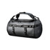 A black waterproof duffle bag with adjustable straps and a sleek design, featuring a logo.