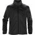 A black jacket featuring a zip front, a collar, and pockets, with a logo on the left side.
