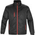 A black thermal jacket with a red zipper and accents, featuring zippered pockets and a collar. It has a logo.