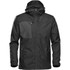 A black men's rain jacket featuring a hood, zipped front pockets, and a logo. Ideal for wet weather conditions.
