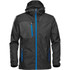 A rain jacket in black with blue accents, featuring a hood and multiple zip pockets, including a logo.