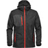 A black and grey rain jacket with red zippers and a hood, featuring a logo on the left chest area.