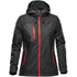 A women's rain jacket in black with red zippers and accents, featuring a hood and multiple pockets.