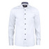 A white button-up shirt featuring black buttons and a checkered collar detail. It has a logo on the chest.