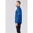 A side view of a men's Milano 1/4 zip pullover in blue, featuring long sleeves and a high collar, with a logo on it.