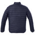 A navy puffer jacket featuring a quilted design and a simple, minimalistic style, with a logo on the back.