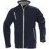 A navy men's softshell jacket featuring a zip front, multiple pockets, and a hood. It includes a logo on the fabric.