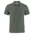 A grey men's cotton polo shirt with short sleeves, featuring a collar and buttons, and a logo on the side.