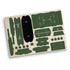 A wooden model kit featuring various green and black pieces for assembly, presented on a light wood base.