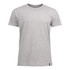A grey crew neck T-shirt with short sleeves, featuring a small logo on the hem.