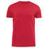 A red crew neck tee featuring short sleeves and a blank front, with a branding logo at the bottom.