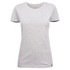 A light grey women's crew neck t-shirt featuring a fitted design and a logo at the hem.