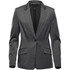 A grey women's blazer with a single button, featuring a striped interior and two front pockets.