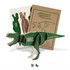 A green wooden Tyrannosaurus Rex model next to instructional sheets, featuring a logo on the packaging.