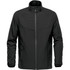 A black men's jacket with a zip front, high collar, and textured fabric. It features a logo on the front.