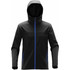 A black softshell hoody with blue zippers and accents, featuring a hood and zippered pockets.