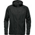 A black softshell jacket with a hood and zip closure, featuring a sleek design and an emblem.