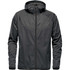 A men's softshell jacket in dark grey with a hood and a zippered front, featuring a logo on the chest.