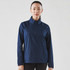 A navy blue women's 1/4 zip anorak jacket with a logo, featuring a lightweight design and a high collar.