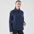 A navy blue women's 1/4 zip anorak jacket with a zippered collar and a logo on the front.