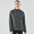 A women's wind jacket in dark grey with a hood and a logo, featuring a lightweight design and long sleeves.