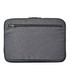 A laptop sleeve in grey fabric featuring a zippered pocket on the back and a sleek design.