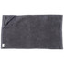 A dark grey gym towel with a pocket, made of soft material, featuring a small logo on one corner.