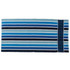 A striped cabana towel featuring shades of blue, navy, and grey with a logo on the side.