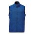 A blue vest with a high collar, featuring zippered pockets and a branding logo.