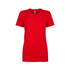 A red women's boyfriend tee with short sleeves and a crew neckline, featuring a branding logo.
