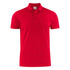 Red men's cotton polo shirt with a collar and three-button placket, featuring a logo.