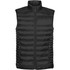 A black thermal vest with a zip-up front and padded design, featuring side pockets and a collar.