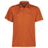 An orange polo shirt with a classic collar and a logo on the chest, featuring short sleeves and a relaxed fit.