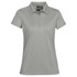 A light grey women's polo shirt with a collar and a logo on the label. Short sleeves and a fitted design.