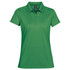 A green women's polo shirt featuring a collared neck and short sleeves, with a logo on the chest.