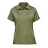 A green women's polo shirt with a collar, buttons, and short sleeves. It features a logo on the front.