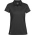 A black women's polo shirt with a collar, featuring a logo on the front.