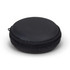 A rounded black zippered case, featuring a sleek, smooth exterior, ideal for storing earbuds.