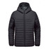 A black quilted hoody with a zip front and a hood. The design features horizontal seams and has a logo.