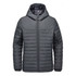 A dark grey quilted hoody with a zip front and hood, featuring a logo on the chest.