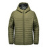 A quilted olive green hoody with a zip front and a hood. It features a logo on the chest.