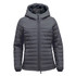 A grey women's quilted hooded jumper featuring a zip front and a logo.