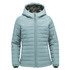 A women's quilted hoody in a soft blue colour, featuring a hood and zip closure. It has a subtle logo on the design.