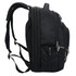 A black backpack featuring multiple zippered compartments and padded shoulder straps. It includes a logo on the front.