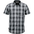 A short-sleeved button-up shirt in a black and white plaid pattern, featuring a pocket and a logo.