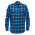 A blue and black checkered button-up shirt featuring a snap front and two chest pockets. It has a logo on the label.