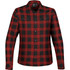 A red and black plaid button-up shirt with snap front and two chest pockets, featuring a brand logo.
