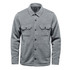 A grey unisex fleece shacket with two chest pockets and a button-up front. Features a logo on the design.