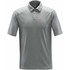 A grey heathered polo shirt with a buttoned collar and shoulder panel design, featuring a logo.